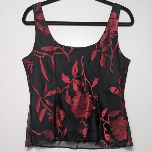 Alex Evenings Metallic Sheer Floral Red Black Burnout Chiffon Jacket & Cami Set - Picture 8 of 16
